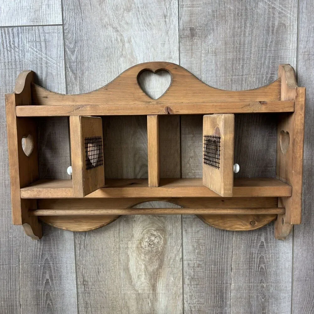 Vtg Wood Heart Door Wall Knick Knack Curio Trinket Shelf Knobs Cottage Farmhouse